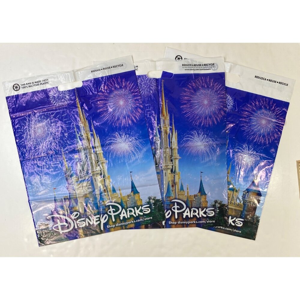 Set Of 3 Disney Parks Recycled Plastic Shopping Bags Castle Fireworks Collector